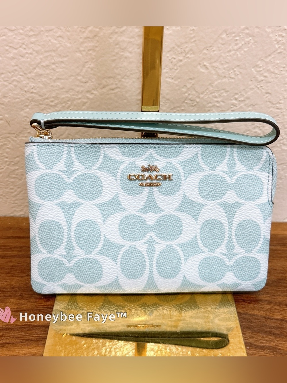 Coach Wristlet in Light Blue and White Signature Print cey93